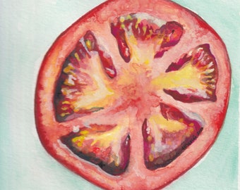 Tranche de tomate sur peinture originale de lavage vert | Art de la gouache à l'aquarelle | 5x5