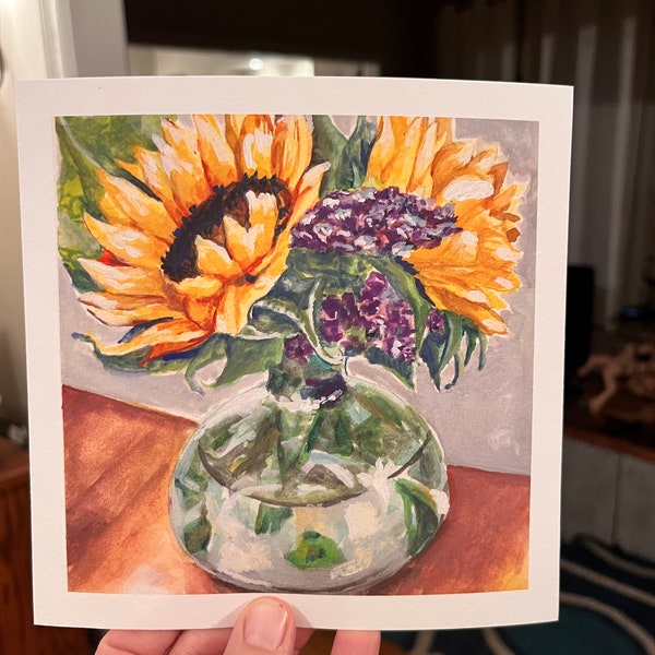 Sunflower in Vase Stilllife with purple flowers Print