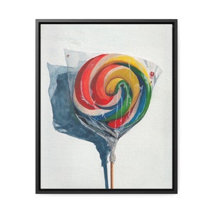 May include: A colourful swirl lollipop wrapped in clear plastic with a wooden stick. The lollipop is red, yellow, green, and blue.