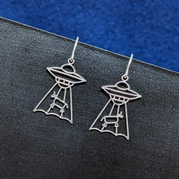 UFO Beaming Up Cow  - Silver Wire Earrings