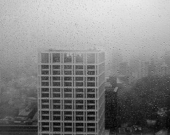 Rainy Window Print, Black and White City Skyline Photography, Moody Wall Art, Hand-Signed Fine Art Print