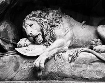 Lion of Lucerne Print, Lion Monument Switzerland Black and White Photography, Swiss Wall Art, Hand-Signed Fine Art Print