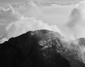 Mount Pilatus Summit Cross Print, Swiss Alps Black and White Photography, Sea of Clouds Wall Art, Hand-Signed Limited Edition of 15