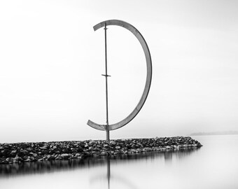 Lake Geneva Print, Eole Sculpture Lausanne Switzerland, Black and White Long Exposure Photography, Hand-Signed Limited Edition of 15