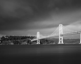 Bay Bridge Print, Black and White San Francisco Photography, Long Exposure Storm Clouds Wall Art, Hand-Signed Fine Art Print