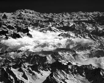 Swiss Alps Print, Black and White Aerial Photography, Alpine Mountain Peaks Wall Art, Hand-Signed Fine Art Print