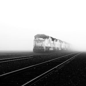 Train in Fog Print, Black and White Railroad Photography, Minimalist Train Wall Art, Hand-Signed Fine Art Print