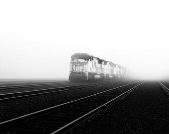 Train in Fog Print, Black and White Railroad Photography, Minimalist Train Wall Art, Hand-Signed Fine Art Print