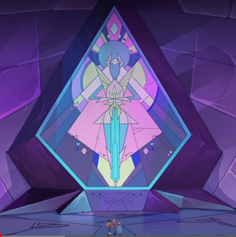 May include: A large, geometric, purple and blue structure with a glowing, blue-green sword in the center. The structure is surrounded by a dark purple background.