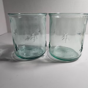 May include: Two clear glass tumblers with a light green tint. Each tumbler features a raised bee design on the front and a decorative pattern near the base. The glasses have a simple, cylindrical shape and are suitable for various beverages.