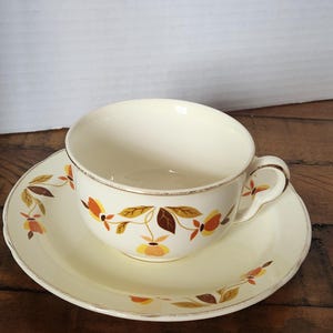 May include: Cream-colored teacup and saucer set with a floral pattern in shades of orange, yellow, and brown. The cup has a handle and sits on a matching saucer. The set has a vintage aesthetic.