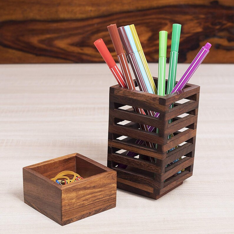 Indian Handmade Wood Pen Holder Pencil Desk Image 0