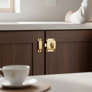 May include: Close-up of a brass cabinet latch and strike plate set on a dark brown cabinet door. The latch is rectangular with a rounded oval center. The strike plate is a matching rectangular shape. The cabinet door is part of a kitchen or bathroom cabinet.