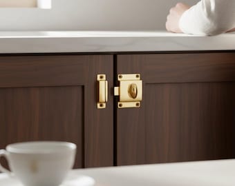 Unlacquered Polished Brass Cabinet Latch, Handmade Solid Brass Drawer Hardware (2.25 x 1.54 Inch)