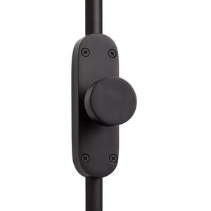 May include: A close-up of a black metal lamp switch with a round knob and an elongated, oval-shaped base. The switch is mounted on a black metal pole. The switch is secured with four screws.