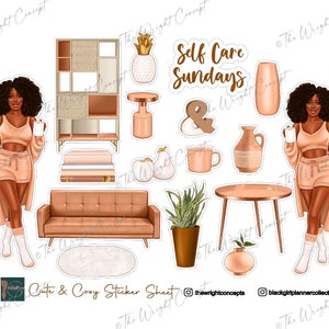 Cute & Cozy Sticker Sheet BROWN (Afro) Fitness Stickers, Black Girl Planner Stickers,Fashion Girl Stickers,Planner Accessories,Boss Babe