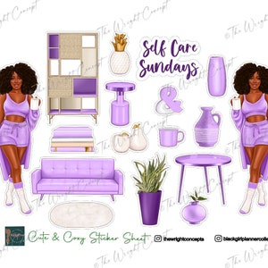 Cute & Cozy Sticker Sheet PURPLE (Afro) Fitness Stickers, Black Girl Planner Stickers,Fashion Girl Stickers,Planner Accessories,