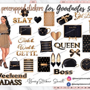 Black Hair Girl Goodnotes Stickers | Bossy Sticker Set , Precropped Goodnotes Stickers, Digital Planner Stickers, Brunette Girl Stickers,