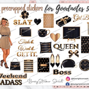 Black Girl Goodnotes Stickers | Bossy Sticker Set (Wavy Bob), Digital Planner Stickers Set, Precropped Goodnotes Stickers,