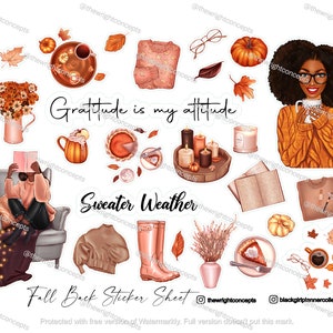 Fall Back Sticker Sheet (Afro), Black Girl Planner Stickers, Wedding Stickers, Fashion Girl Stickers,Planner Accessories,  Cozy Stickers