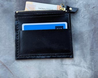 Handmade Black Leather Zip Wallet: Genuine Leather Coin Keeper