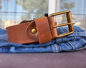 Handmade Genuine Full Grain Leather Belt Bull Leather Lifetime Jeans Belt / brass colour buckle 4cm/1,58'' personalize. Patina Mountain belt