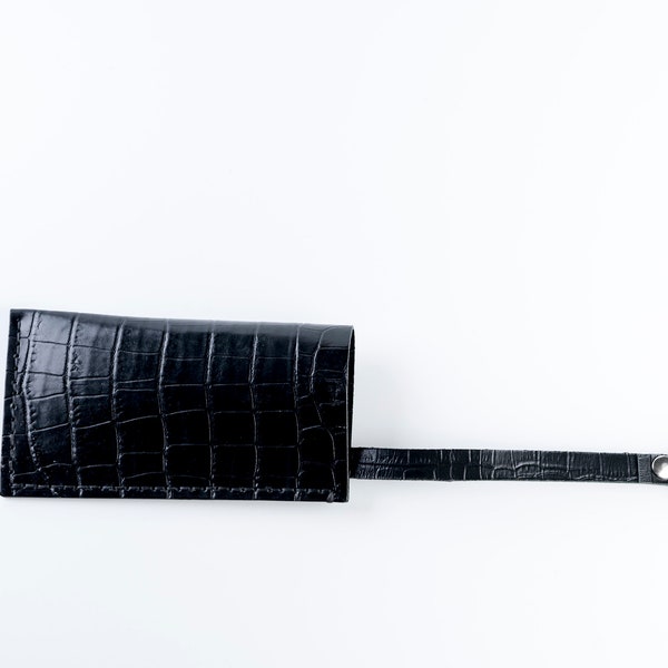 Porte-clés en cuir noir Croco, étui à clés en cuir véritable Buffalo, pochette Hadmade Key, porte-clés noir, porte-clés pour femmes