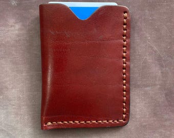Handmade Genuine Leather one slot card holder money holder, handsewn, personalize , burgundy / light oxblood colour minimalist slim leather