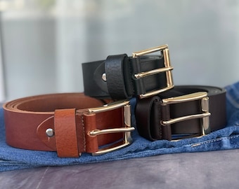 Handmade Genuine Full Grain Leather Belt Bull Leather Lifetime Jeans Belt with gold colour buckle  4cm / 1,58'' personalize. Mountain belt