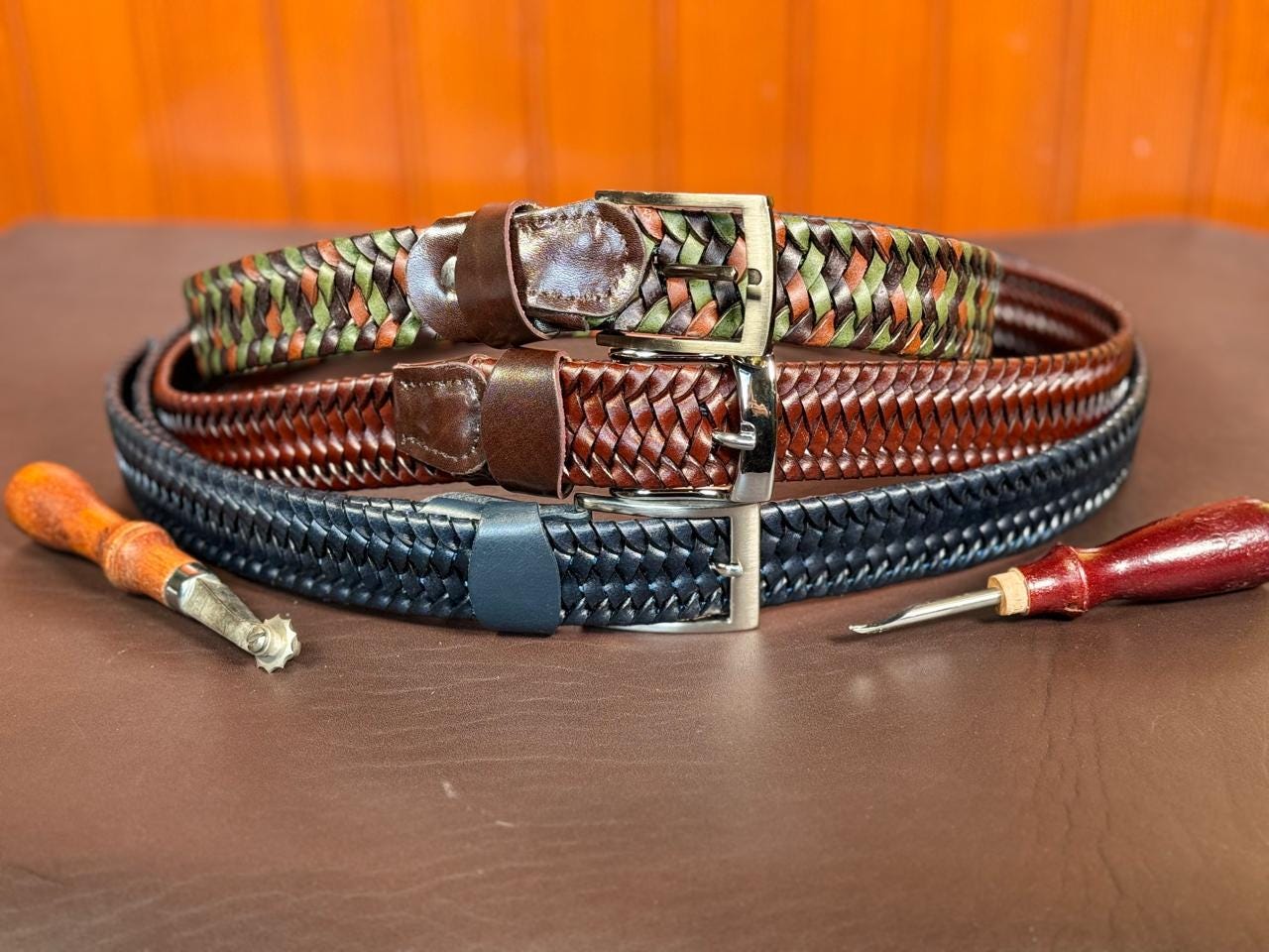 Mens Genuine Leather Braided Belt: Stretch Jeans Belt, Dress 