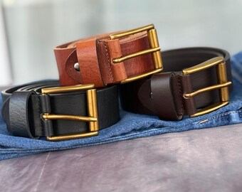 Handmade Genuine Full Grain Leather Belt Bull Leather Lifetime Jeans Belt with brass  buckle  4cm / 1,58'' personalize. Mountain belt