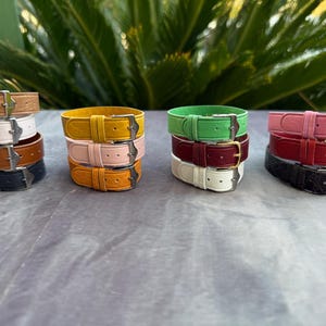 Può includere: Diverse pile di cinture in pelle in vari colori. Le cinture includono tonalità di marrone, bianco e nero, con fibbie argentate. Altre pile presentano cinture gialle, rosa e arancioni. Sono visibili anche cinture verdi, bordeaux e bianche.