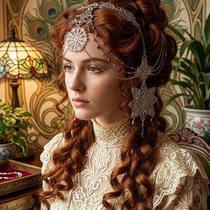 Eugénie-Jugendstil-Kopfschmuck | Silberner Filigran-Kopfschmuck mit Rubinanhängern | Mucha-Kopfschmuck im orientalisch-gotischen viktorianischen Burlesque-Stil