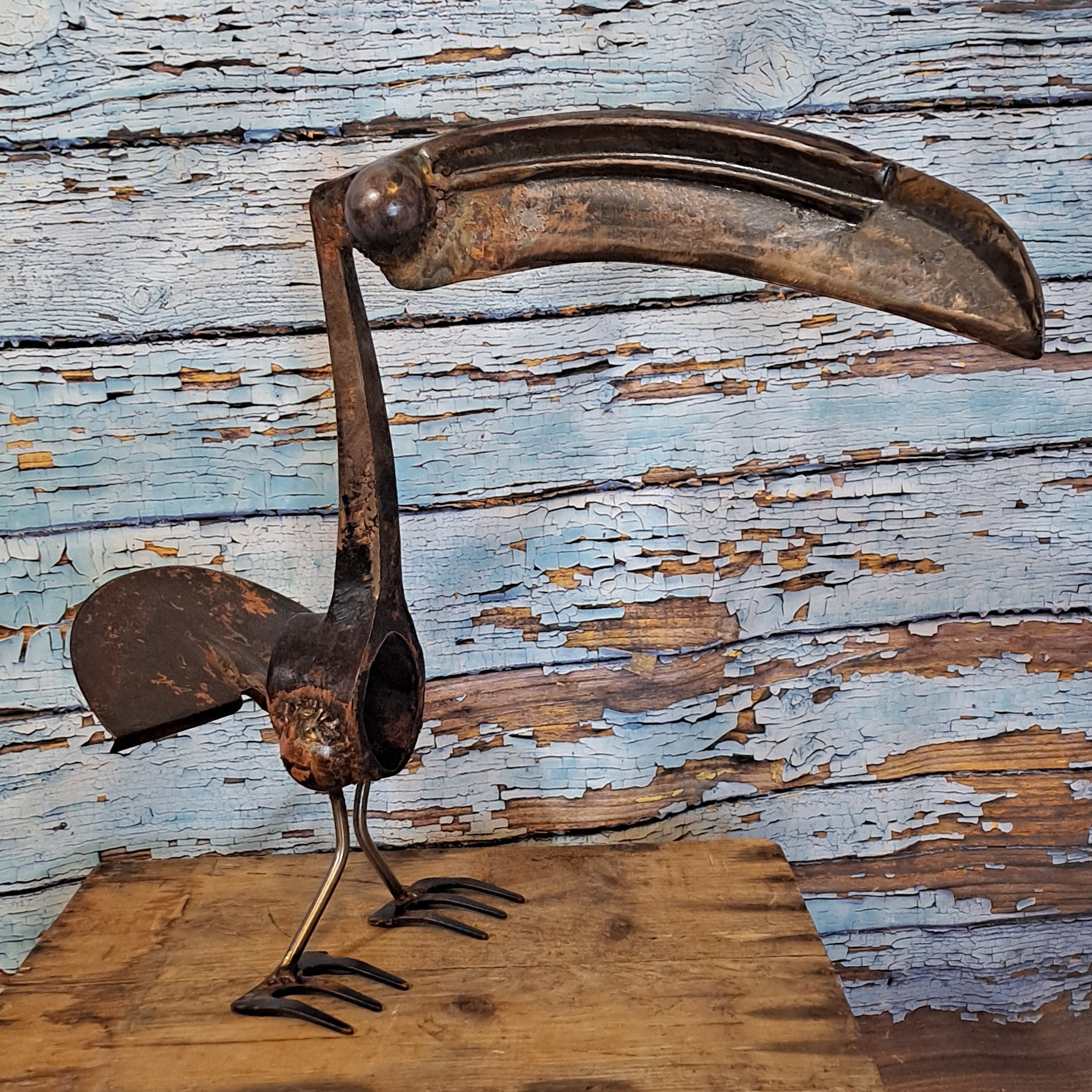 Sculpture Ancienne Oiseau – Bois Et Métal – Échassier – Décoration Nature