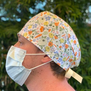 Spring. Carrots Floral Scrub Cap with buttons