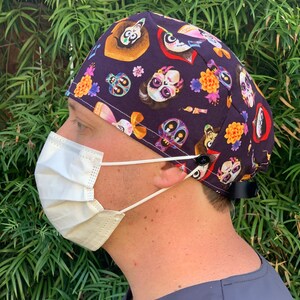dia de los muertos Scrub Cap with buttons Surgical cover, OR, Nurse hat, Doctor headgear, PPE, Dentist, RDA Protection