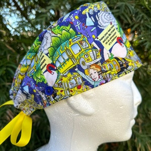 Magic school bus scrub cap with buttons Surgical cover, OR, Nurse hat, Doctor headgear, PPE, Dentist, RDA Protection no