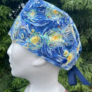Starry Night yellow & blue Van Gogh Scrub Cap with buttons. Surgical hat