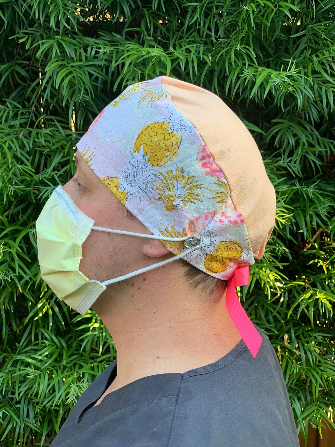Pink and Golden Pineapple Scrub Cap With Buttons, Surgical Hat for RN ...