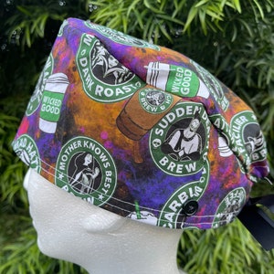 Magical Villains coffee Scrub Cap with Buttons. A few evil faces that haunt this vibrant hat