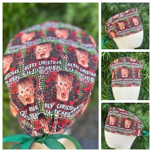 Home Alone Scrub Cap with buttons, RN. Nurse, doctor surgical hat, dentist, hygienist, RDA PPE. Christmas. Holiday