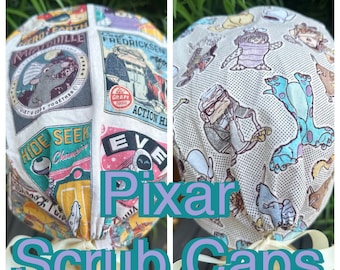 Pixar characters Scrub Cap with buttons Surgical cover, OR, Nurse hat, Doctor headgear, PPE, Dentist, RDA Protection