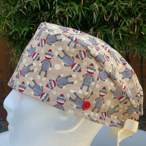 Sock monkey Scrub Cap with buttons. Surgical hat for nurses, RN, Doctor, Vet tech, Dentist, Hygienist, RDA, nursing assistant PPE