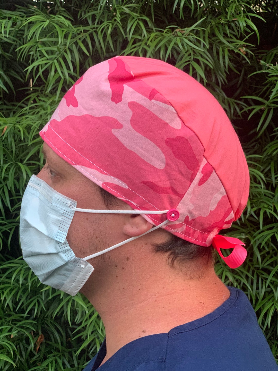 Pink Camouflage Scrub Cap With Buttons. Surgical Hat. Or, Nurse, Doctor ...