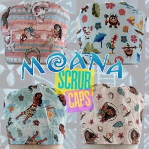 May include: Four scrub caps with colorful patterns featuring characters and imagery from the animated film Moana. The caps display the film's title and the words "SCRUB CAPS" in a vibrant font. Each cap has a unique design with characters and tropical elements.