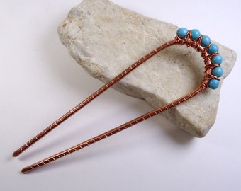 Hair fork made of copper with gemstones, turquoise stones, hair fork, copper! Hairpin. Metal craftsmanship...
