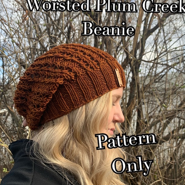 Worsted Plum Creek Beanie Pattern, Slouchy Knit Hat Pattern, Beginner Knitting Pattern