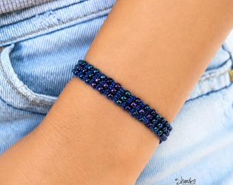 Makraméarmband med tjeckiska pärlor, knutet armband, justerbara snöresmycken, bohemiska smycken, present till henne, marinblått vävt armband