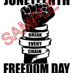 Op de afbeelding: Zwart-witte illustratie van een gebalde vuist met de woorden "Break Every Chain" eromheen. De tekst "Juneteenth Freedom Day 6-19-1865" staat onder de vuist.