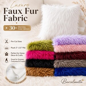 May include: A white faux fur pillow sits above a stack of folded faux fur fabric swatches in olive green, lavender, pink, burgundy, black, brown, and blue. Text reads Luxury Faux Fur Fabric, 30+ Stunning Color Options, and Soft & Durable Backing.